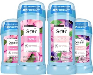 Suave Antiperspirant Deodorant for Women Variety 4-Pack – Sweet Pea & Violet (2.6 Oz & 1.2 Oz) + Powder (2.6 Oz & 1.2 Oz), Talc-Free