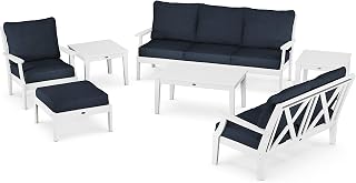 Polywood Braxton 7-Piece Deep Seating Set in White/Marine Indigo