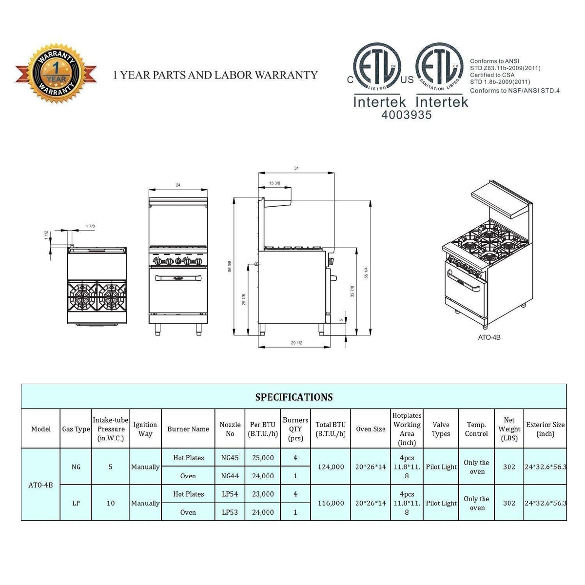 CookRite Commercial Natural Gas Range 24 4 Burner Hotplates With Standard Oven by Atosa – Silver, Model AGR-4B-NG