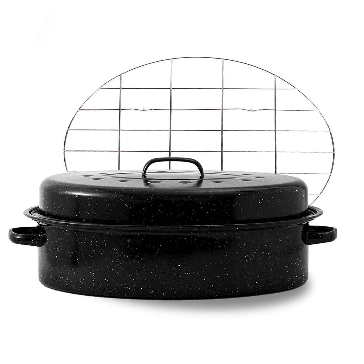Yammi Tree Oval Roasting Pan with Lid and Rack, 18 Inch, Black