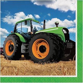 Creative Converting Disposable Tractor Time Paper Lunch Napkins, Party Supplies, 6.5" x 6.5", Multicolor, 16ct,318051