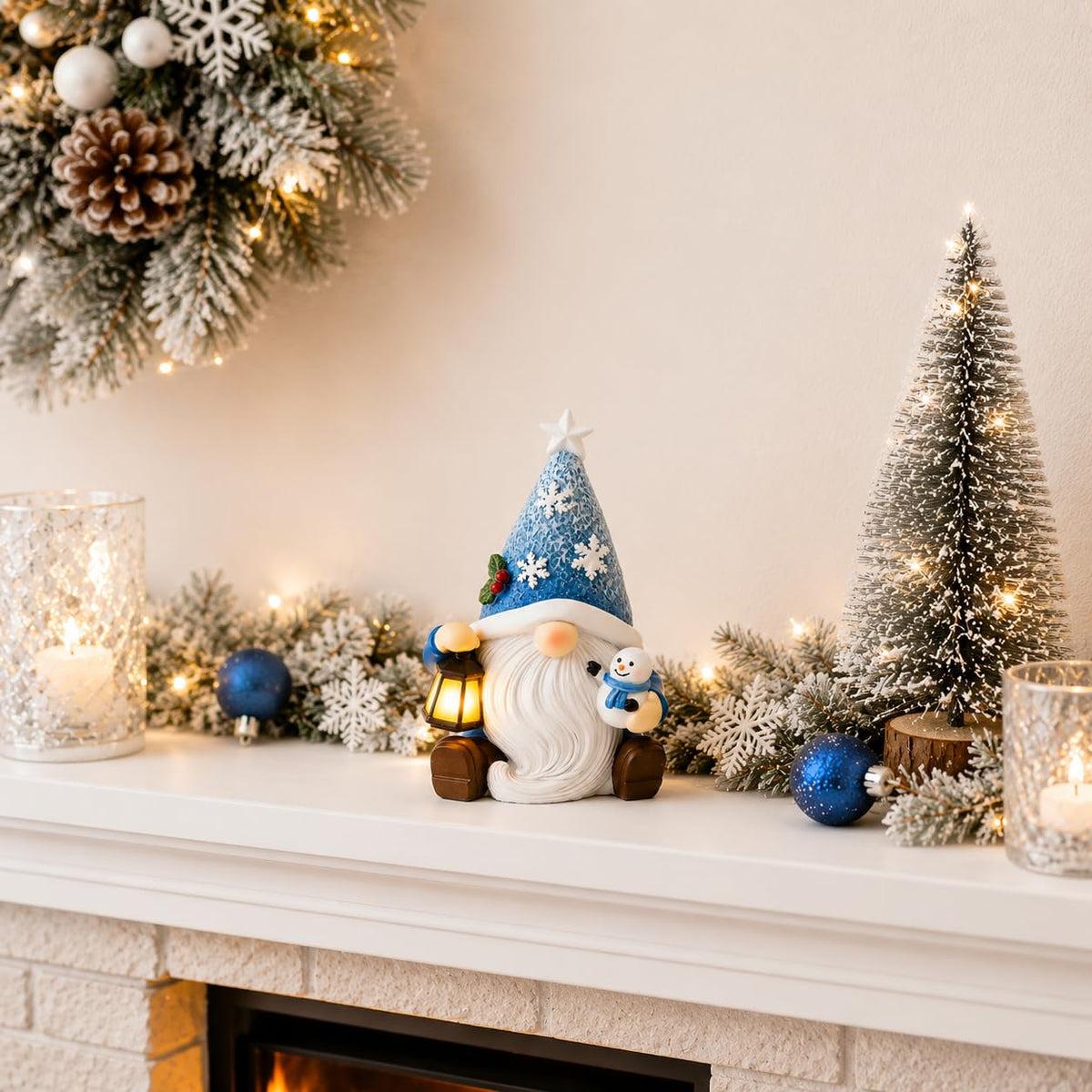 KnomeKo Lighted Christmas Gnome Figurine, Blue Snowman Lantern, 6 Inch