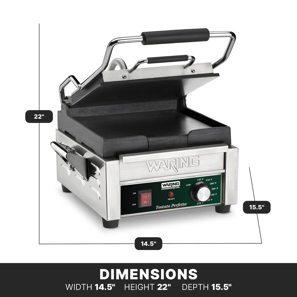 Panini Press with 9.75" x 9.25" Cooking Surface & Flat Plates by Waring – Compact Cooking Surface Machines, Stainless Steel, Silver, Model WFG150