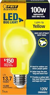 Feit Electric A19 Outdoor LED Bug Light, 100-Watt Equivalent, Dimmable LED Light Bulb, E26 Medium Base, 800 Lumens, 120V, 13 Years Lifetime, Yellow, Pack of 1, A19100/BUG/LED