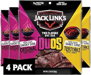Jack Link's DUOs Original and Teriyaki Beef Jerky Multipack - (4 Pack) 3.25 oz Bags - Ready to Eat Real Meat Protein Snacks - 11g Protein per Serving - Made with 100% Real Beef
