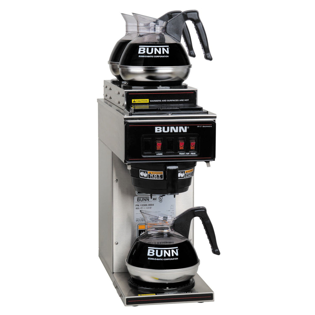 VP17-3SS2U Pourover Commercial Coffee Brewer with One Lower and Two Upper Warmers by Bunn – 12.00x22.00x25.50, 3.8 gallons, Stainless Steel, Silver, Model 13300.0004