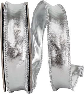 Reliant Ribbon Ribbon - Mirror Fantasy Metallic Deluxe Two Sided Wired Edge, Silver, 1 Inch, 10 Yards