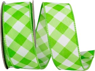 Reliant Ribbon Diagonal Line Check Printed Wired Edge Ribbon, Lime