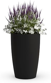 Mayne Solace 16in Tall Round Planter with Drainage, Black 1-Pack | Fade resistant, All Season, Removable planting tray, Drainage hole with plugs, Indoor/Outdoor use, 5-year warranty