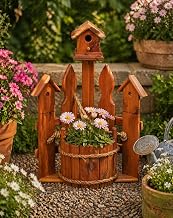 American Furniture Classics 24-inch Cedar Corner Planter with Birdhouse and Picket Fence – Amish Handcrafted, Rustic Red Cedar, Garden Decor