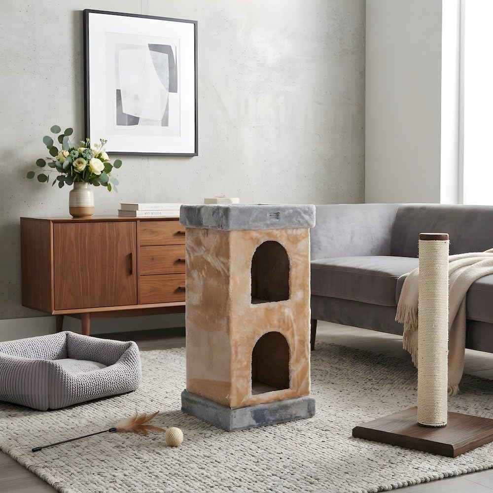 Pressed Wood Cat House with Sisal Scratching Carpet by Bison Pets – Engineered Wood, Beige