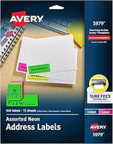 Avery Printable Address Labels with Sure Feed, 1" x 2-5/8", Assorted Neon Colors (Magenta, Green and Yellow), Laser & Inkjet Compatible, 450 Blank Labels Total (5979)