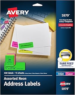 Avery Printable Address Labels with Sure Feed, 1" x 2-5/8", Assorted Neon Colors (Magenta, Green and Yellow), Laser & Inkjet Compatible, 450 Blank Labels Total (5979)