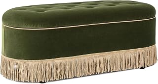 Elara 48.5" Oval Tufted Bullion Fringe Storage Bench, Olive Green Performance Velvet
