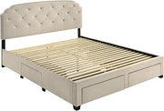 Coaster Home Furnishings - Marianna - Wood - Upholstered Platform Storage Bed with Four Drawers, Nailhead Trim, Button Tufting and Traditional Style - Bedroom - Eastern King Size - Cream - 316011KE