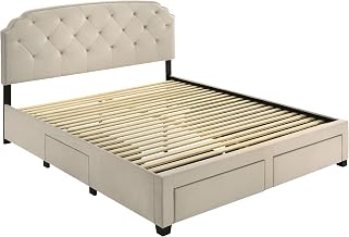 Coaster Home Furnishings - Marianna - Wood - Upholstered Platform Storage Bed with Four Drawers, Nailhead Trim, Button Tufting and Traditional Style - Bedroom - Eastern King Size - Cream - 316011KE