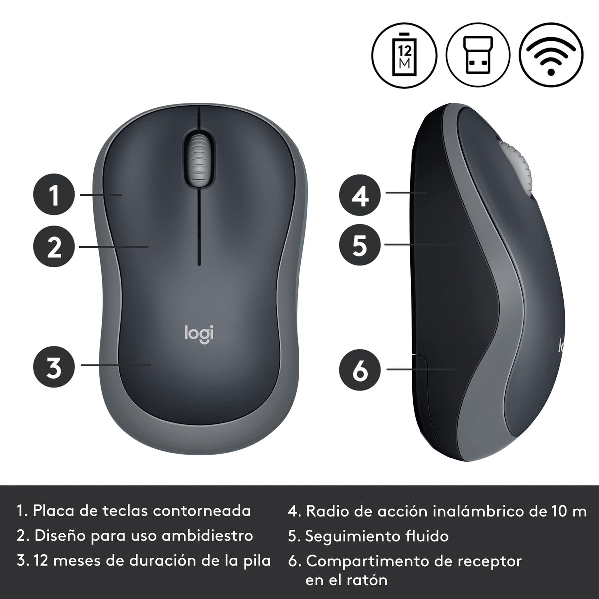 Wireless Mouse - Gray (Renewed) by Logitech – 1-Pack, Metal, gray, Model M185