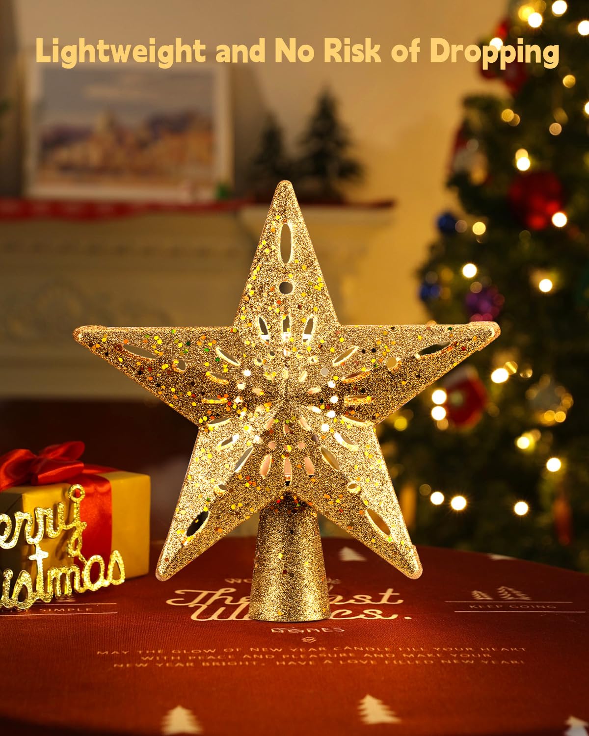 Brightown Lighted Star Tree Topper, 10 Inch Golden with Snowflake Projector