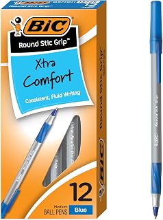 BIC Round Stic Grip Xtra Comfort Ballpoint Pen, Blue Ink, 12-Count