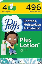 Puffs Facial Tissues Plus Lotion, 4 Family Boxes, 124 Facial Tissues per Box, Allergies and Colds (Packaging May Vary)