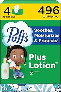 Puffs Facial Tissues Plus Lotion, 4 Family Boxes, 124 Facial Tissues per Box, Allergies and Colds (Packaging May Vary)
