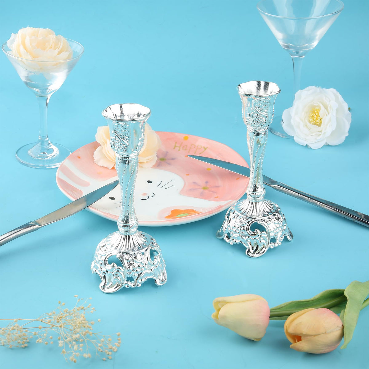 Ohmique Candlestick Holders, Silver Plated Set of 2, Silver