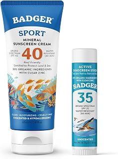 Badger SPF 40 Reef Safe Sport Sunscreen and SPF 35 Sunscreen Face Stick