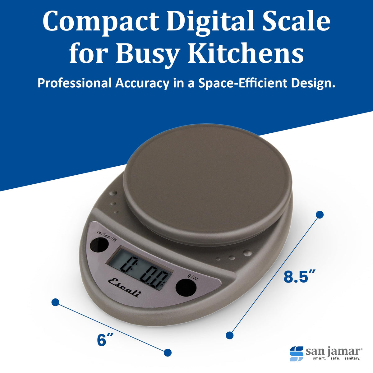 "Escali Primo Digital Kitchen Scale – Digital Food Scale Grams and Ounces for Cooking by San Jamar – 11 Pound Capacity, 0.0 ounces, Plastic, Metallic, Model SCDG11M