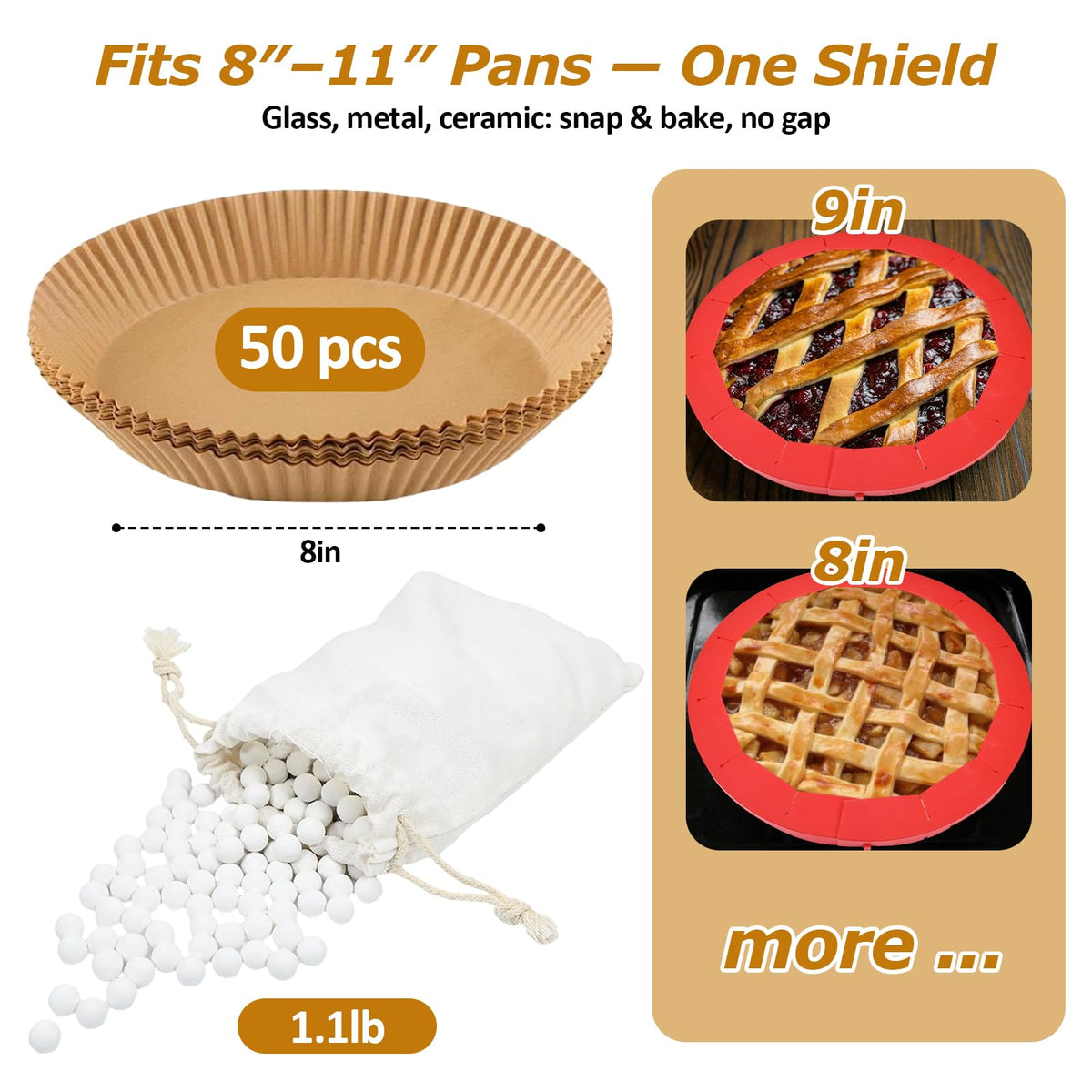 MiToBeLe Ceramic Pie Weights Set, 1.1 Pounds with 50 Parchment Liners and Adjustable Silicone Shield