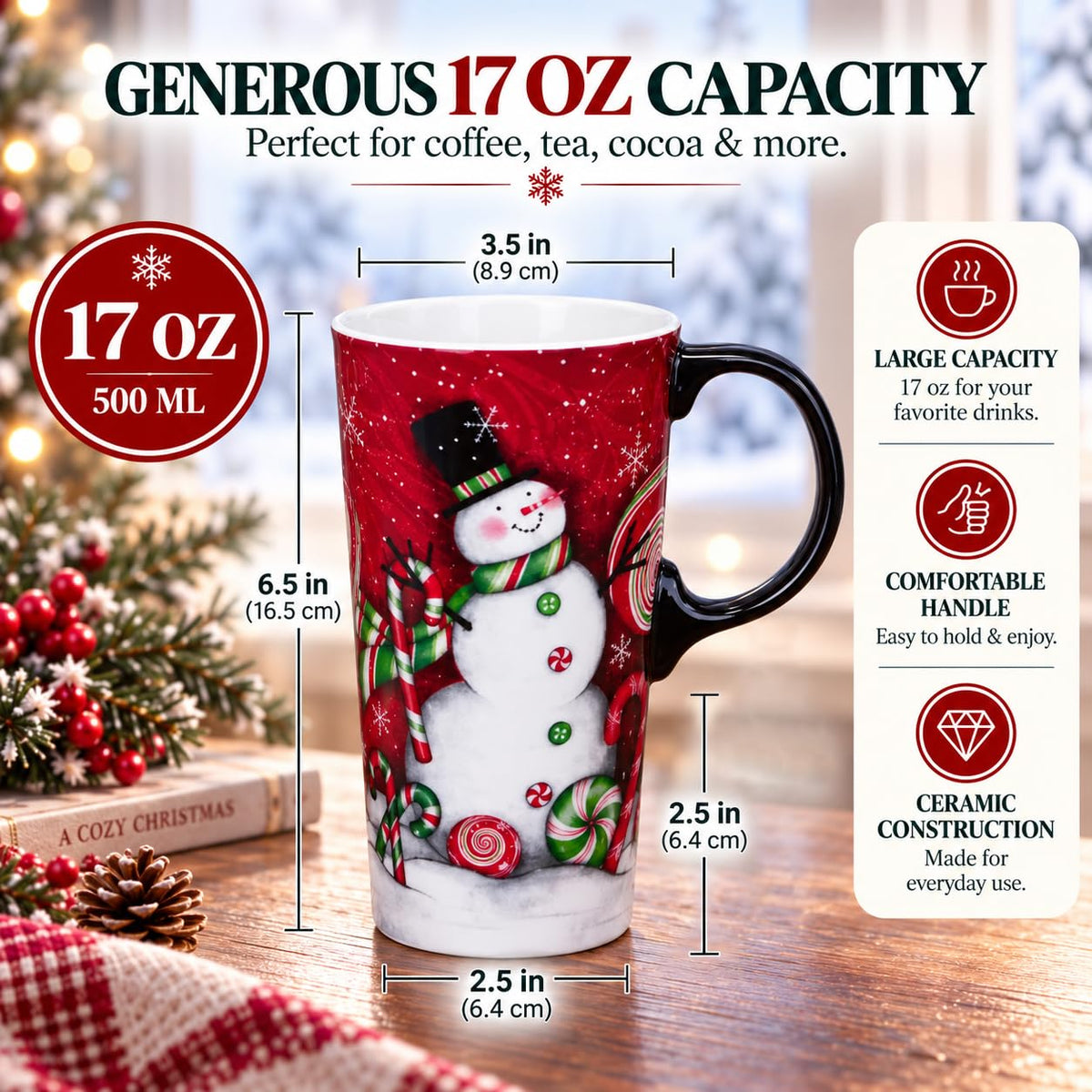 Topadorn Ceramic Coffee Mug with Lid, 17 Ounces, Candy Cane Snowman