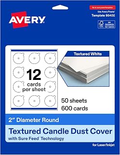 Avery Printable Round Candle Dust Covers, 2" Diameter, Matte Textured White, Sure Feed Technology, Print-To-The-Edge Capability, Laser/Inkjet Compatible, 600 Total, Ideal for Packaging & Displays