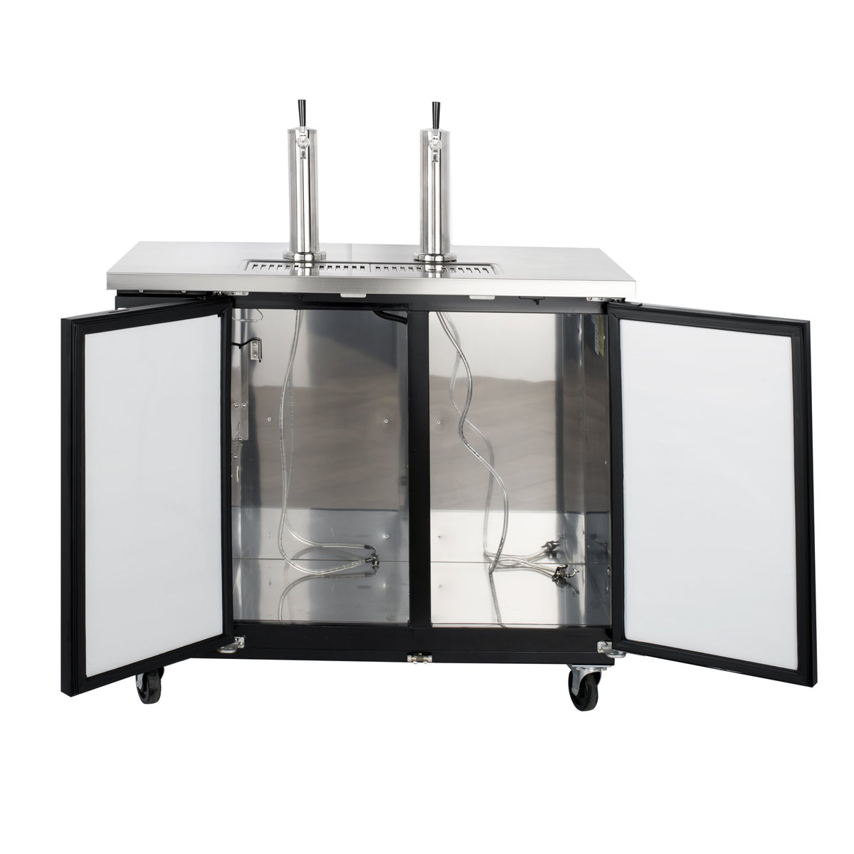 Dual Tower Beer Dispenser by MAXX Cold – 47.5 Inch Wide, 10.5 cubic_feet, Stainless Steel, Black, Model MXBD48-2BHC