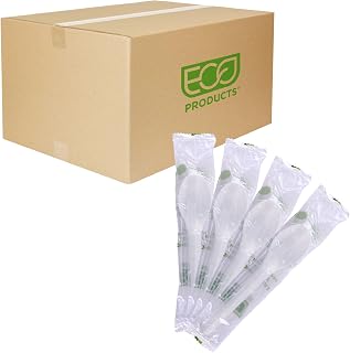 Eco-Products Compostable CPLA 6" Plastic Spoons, Case of 1000, Individually Wrapped Spoon, Disposable White Plantware Cutlery, Renewable Material Made from Plants, Sturdy and Strong, BPI-Certified