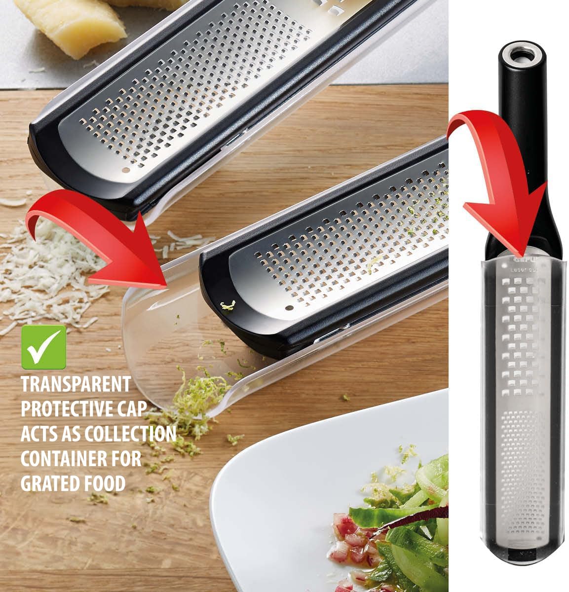 Multi-Purpose Grater by GEFU – Fein- und Grobreibe, Stainless Steel, Silver/Black, Model GF24-50480