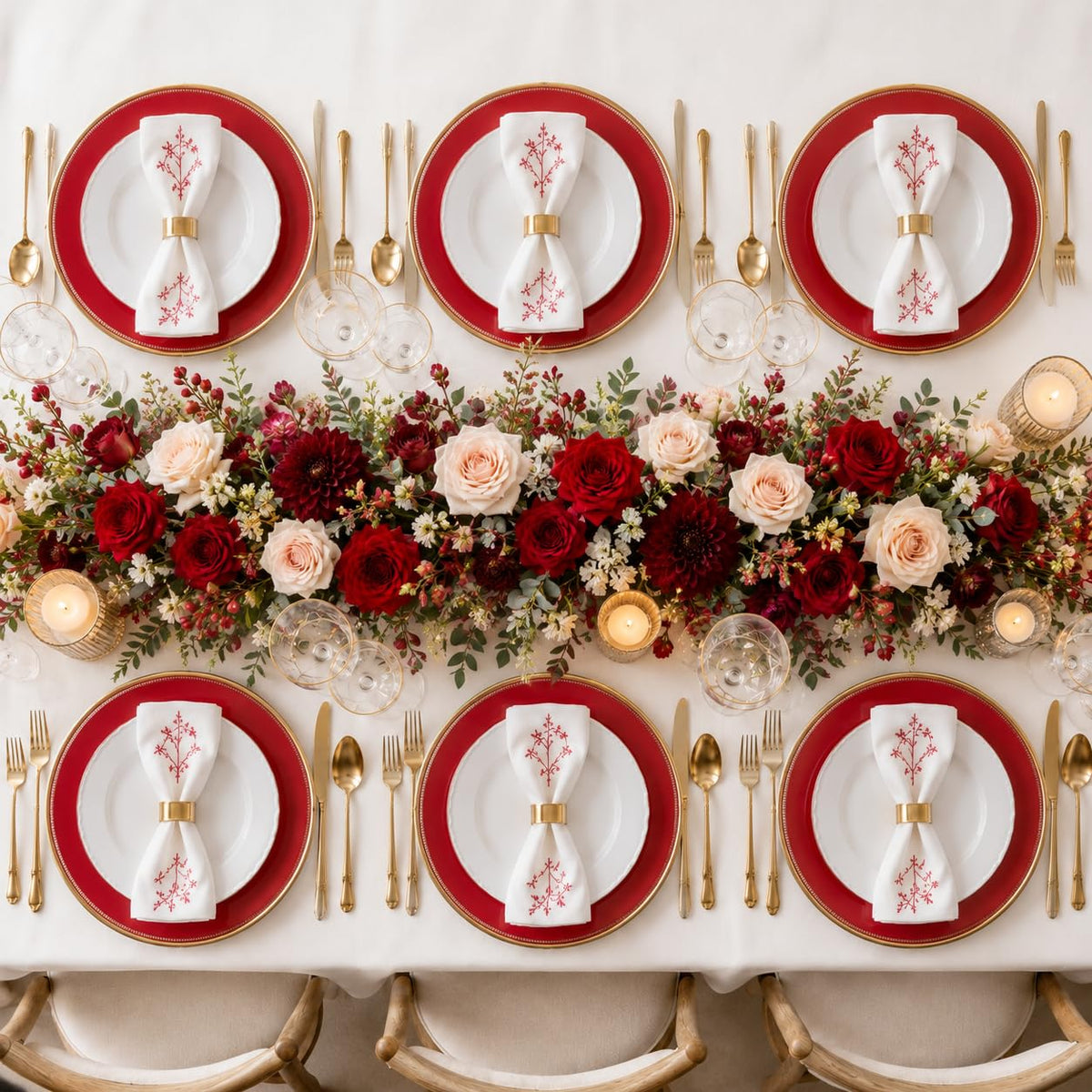 Osgevei Beaded Charger Plates, 13 Inch Round Plastic Set of 12, Red with Gold Rim