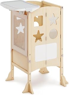 Guidecraft Kitchen Helper® Toddler Tower and Mealtime and Play Tray Bundle: Classic Natural Folding, Adjustable Step Stool with Keepers, Non-Slip Mat and Easy to Clean, Detachable Tray Table