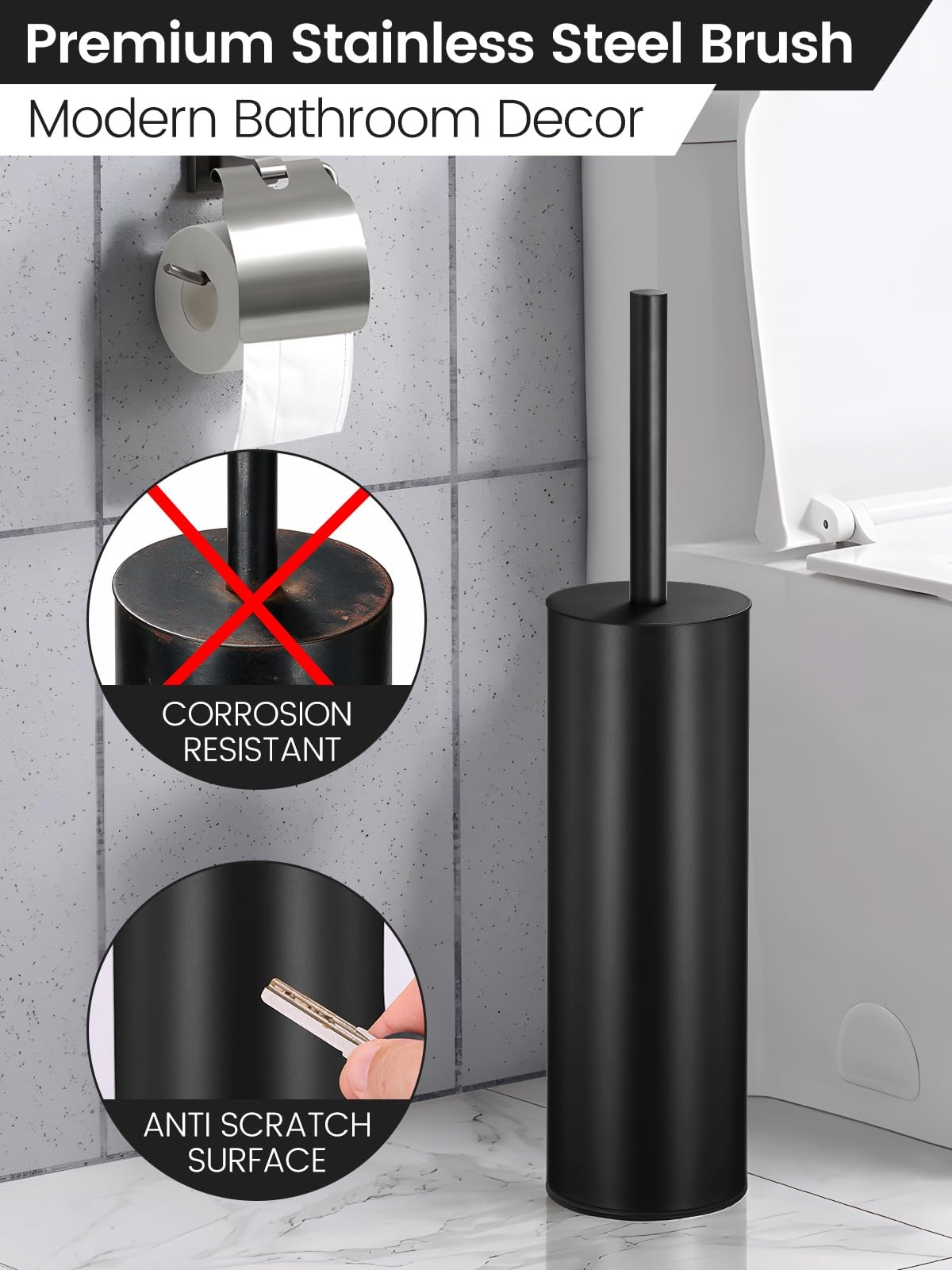 Toilet Brush and Holder Set by HIQTEK – Black-19, Model HB-LM01-Black-VINE-19
