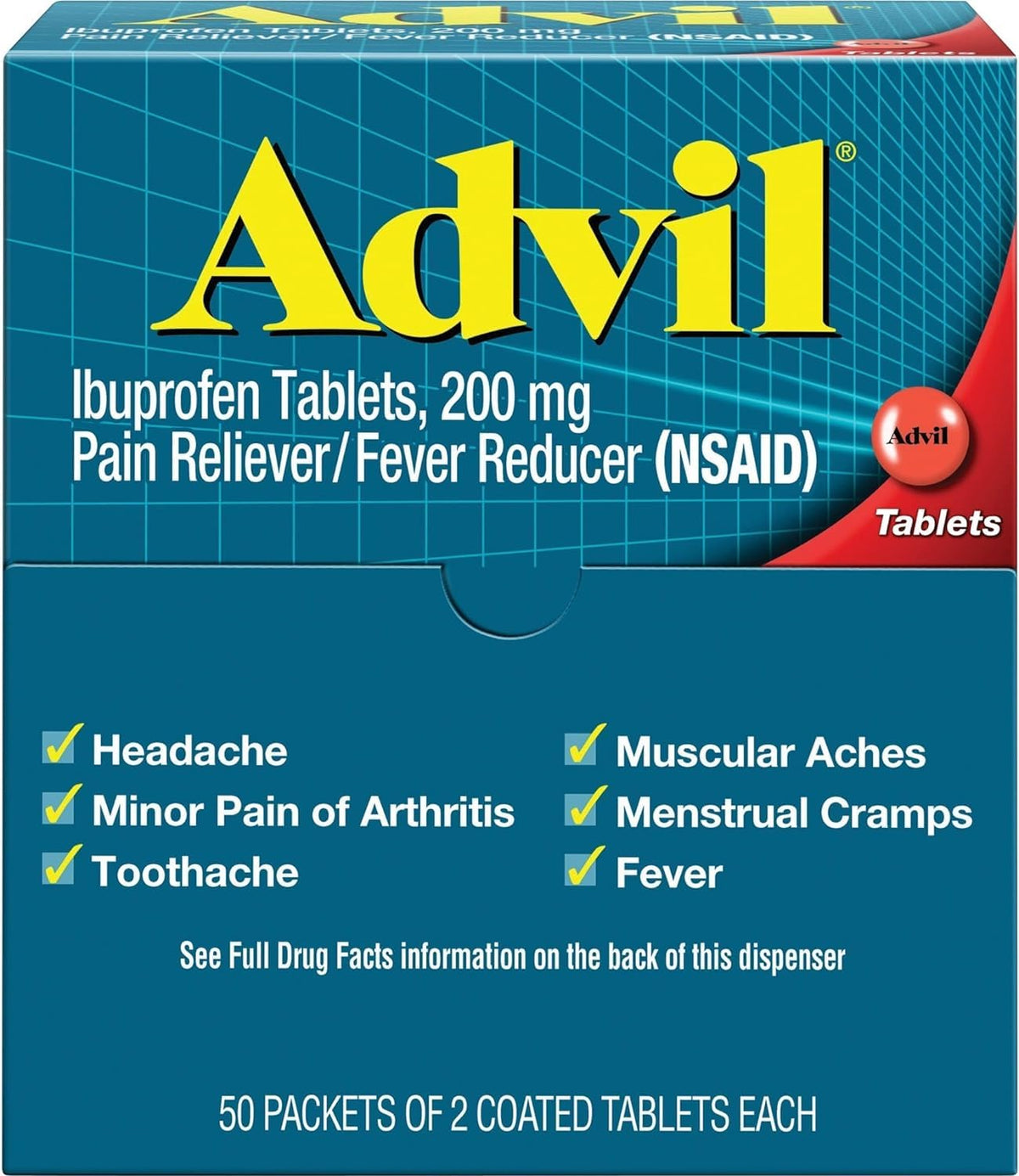 Ibuprofen, 200mg (50 Packets of 2 Coated Tablets) 50 ea (Pack of 3) by Advil – Pack of 3