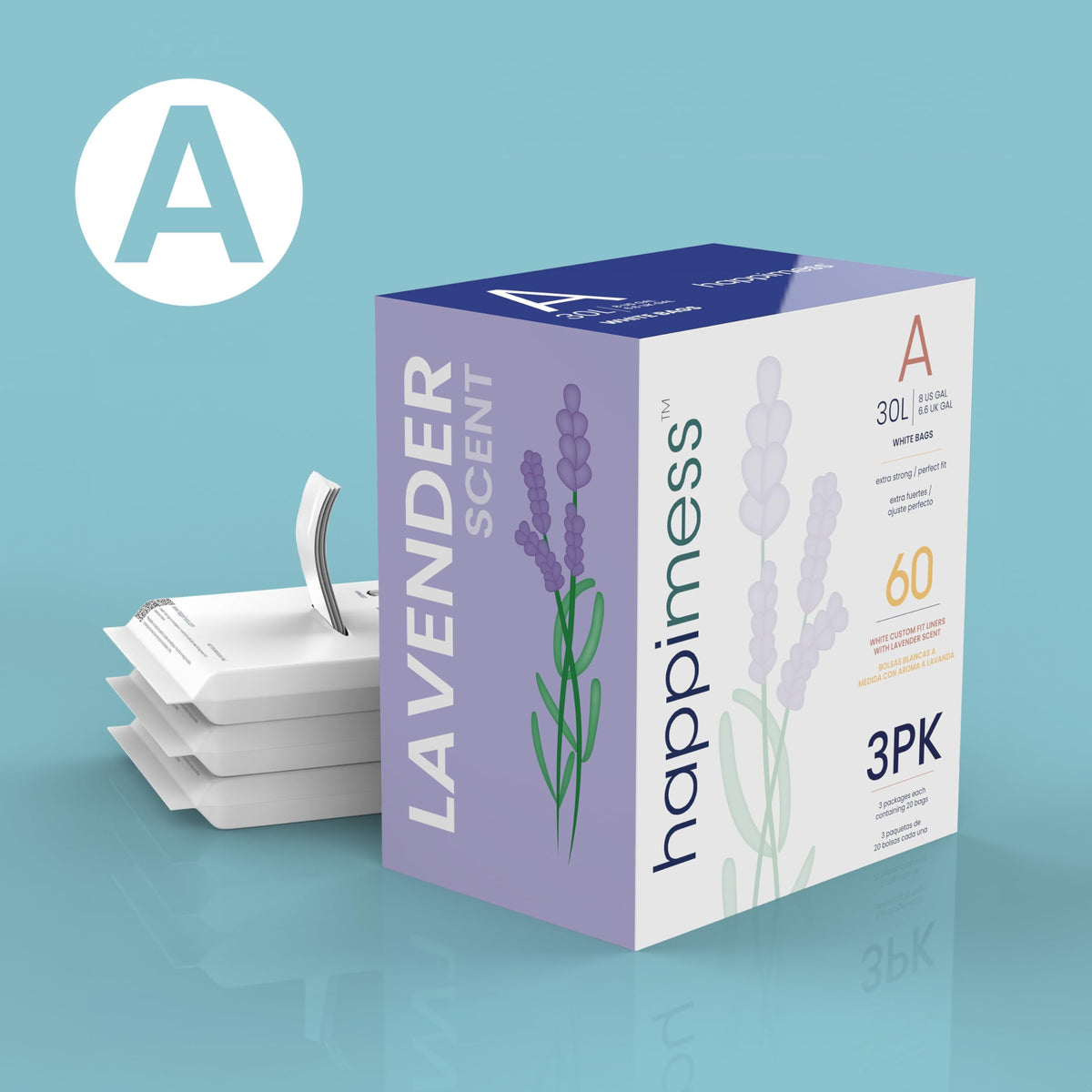 20-Count Lavender 8 Gal Drawstring Trash Bags by happimess – 60 Count (Pack of 1), 8.0 gallons, Medium Density Polyethylene, White (Lavender Scented), Model HPM3101A-WHITE