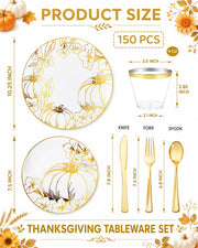 PULOTE Thanksgiving Plastic Dinnerware Set, 150 Pieces, Flower Gold