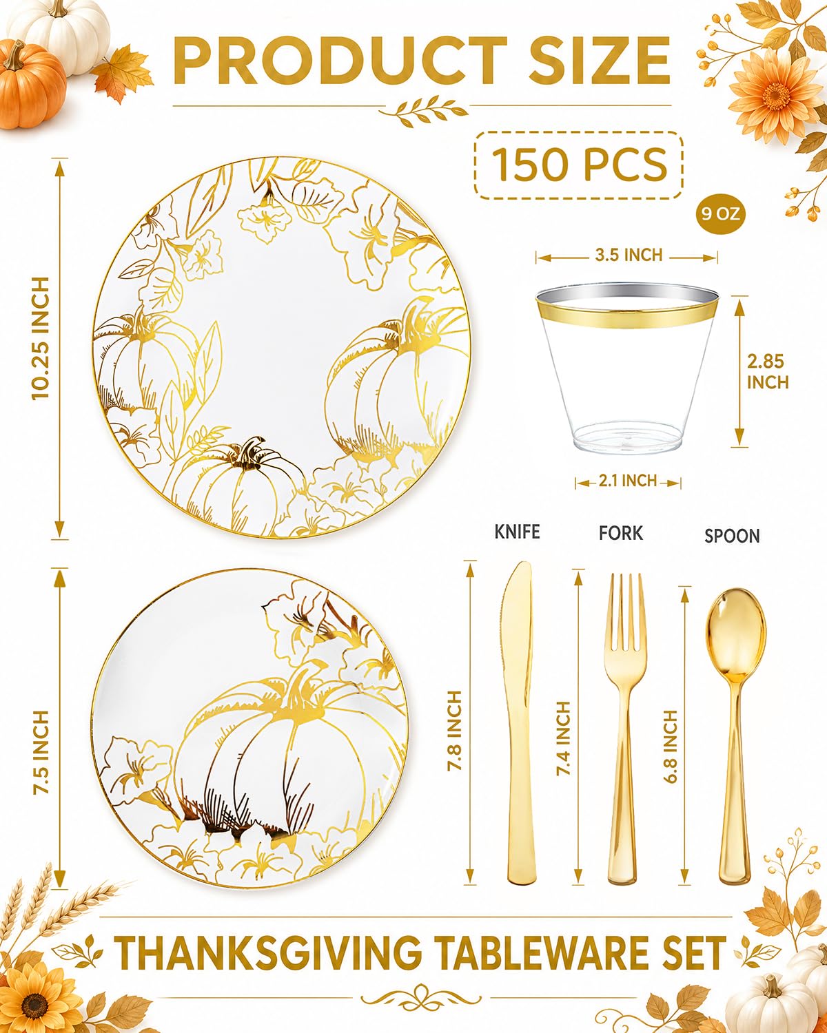 PULOTE Thanksgiving Plastic Dinnerware Set, 150 Pieces, Flower Gold