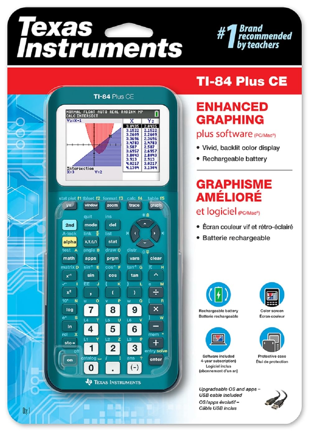 TI-84 Plus CE Graphing Calculator by Texas Instruments – Plastic, Teal, Model 84PLCE/TBL/1L1/AX