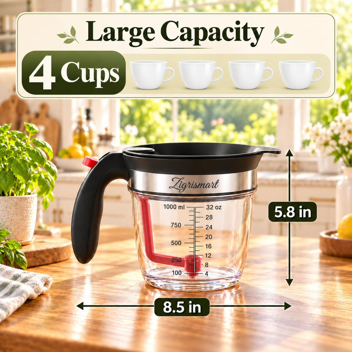 Zigrismart Fat Separator and Batter Dispenser, 4-Cup 1000ml, Black