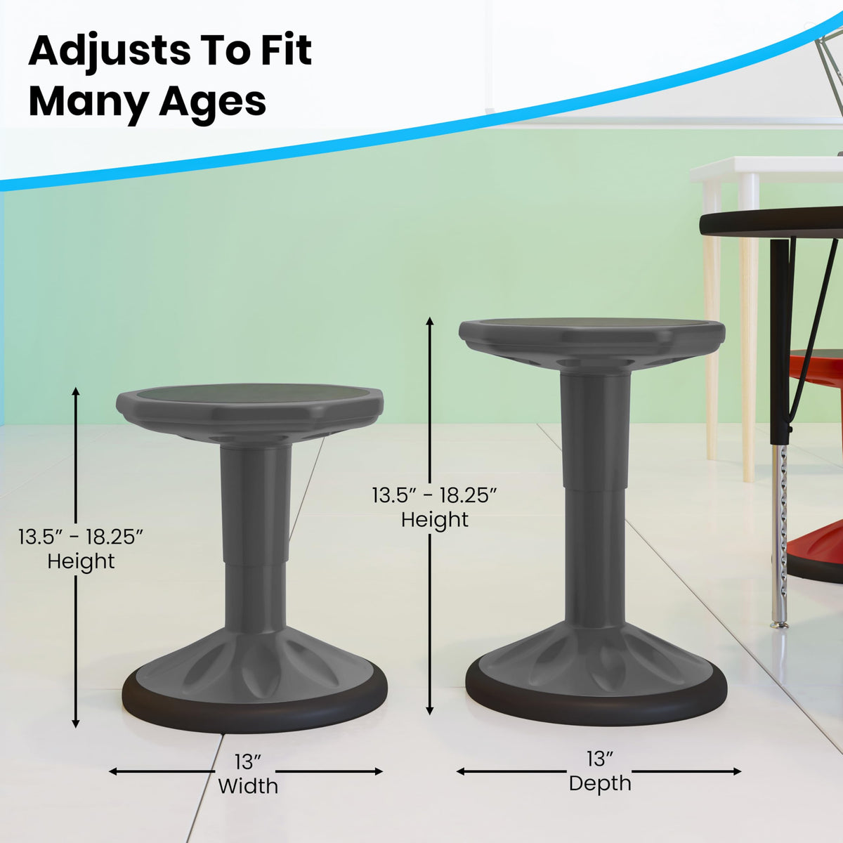 Kids 14-18 in Adjustable Stool with Non-Skid Bottom by Flash Furniture – Set of 1, Rubber, Polypropylene, Thermoplastic, Grey, Model AY-9001S-GY-GG