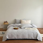 Blue Gingham Duvet Cover Set King Linen-Like Washed Cotton Bedding