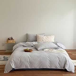 Blue Gingham Duvet Cover Set King Linen-Like Washed Cotton Bedding