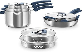 Zakarian x Dash TruPro® Stainless Steel Cookware Set - Rust-Resistant, Nonstick Cookware Set for Everyday Cooking - Straining Lid with Stackable Lids and Heat Resistant Handles - Blue, 10-Piece Set