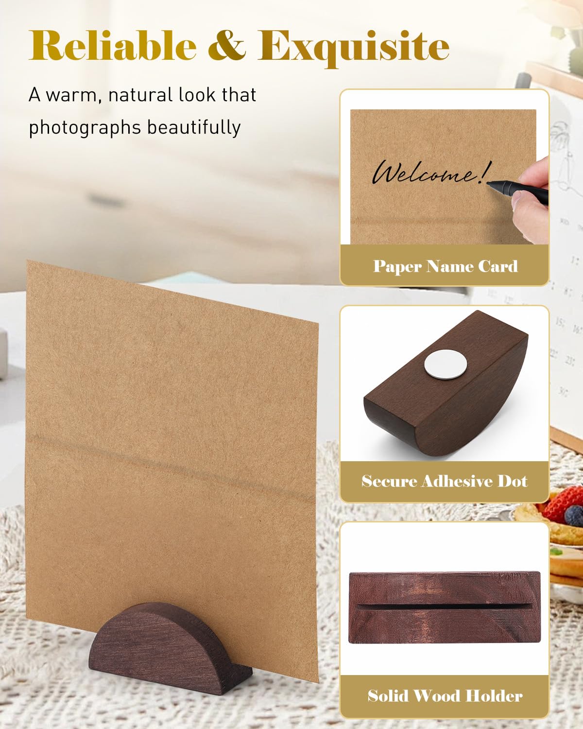 Uniclife Wooden Place Card Holders, 24 Piece Set, Brown