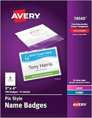 Avery Customizable Name Badges, Pin Style, 3" x 4", Clear Name Tag Holders, White Laser/Inkjet Printable Inserts, 100 Total (74540)