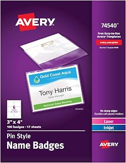 Avery Customizable Name Badges, Pin Style, 3" x 4", Clear Name Tag Holders, White Laser/Inkjet Printable Inserts, 100 Total (74540)